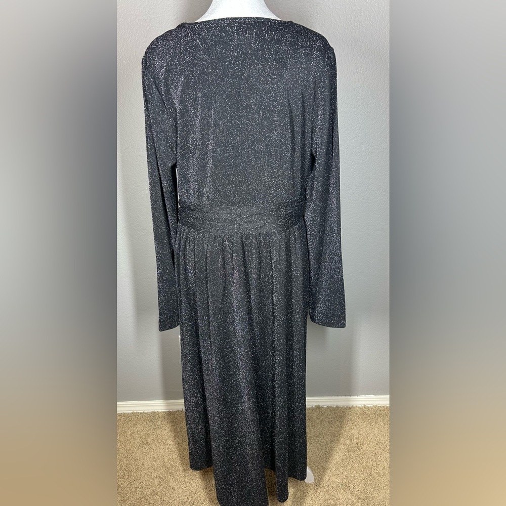 BODEN NWT Black Silver Sparkle Long Sleeve V-Neck Ruched Midi Party Dress Sz 12 - Picture 9 of 16